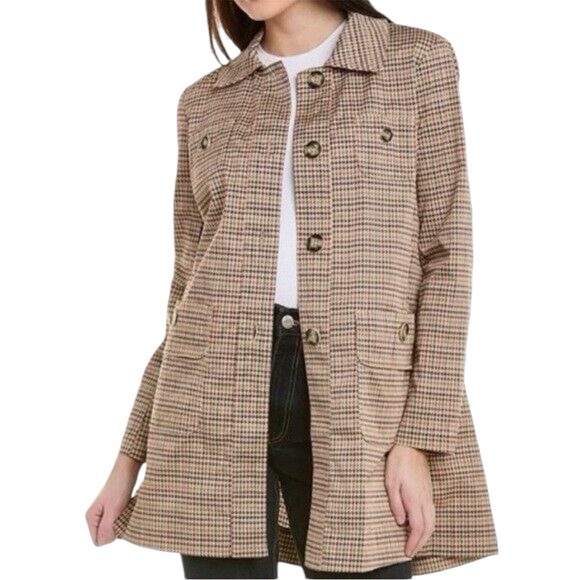 Cabi Houndstooth Sherlock Coat Trenchcoat Brown Red Cream Beige Women size Small - Picture 2 of 12